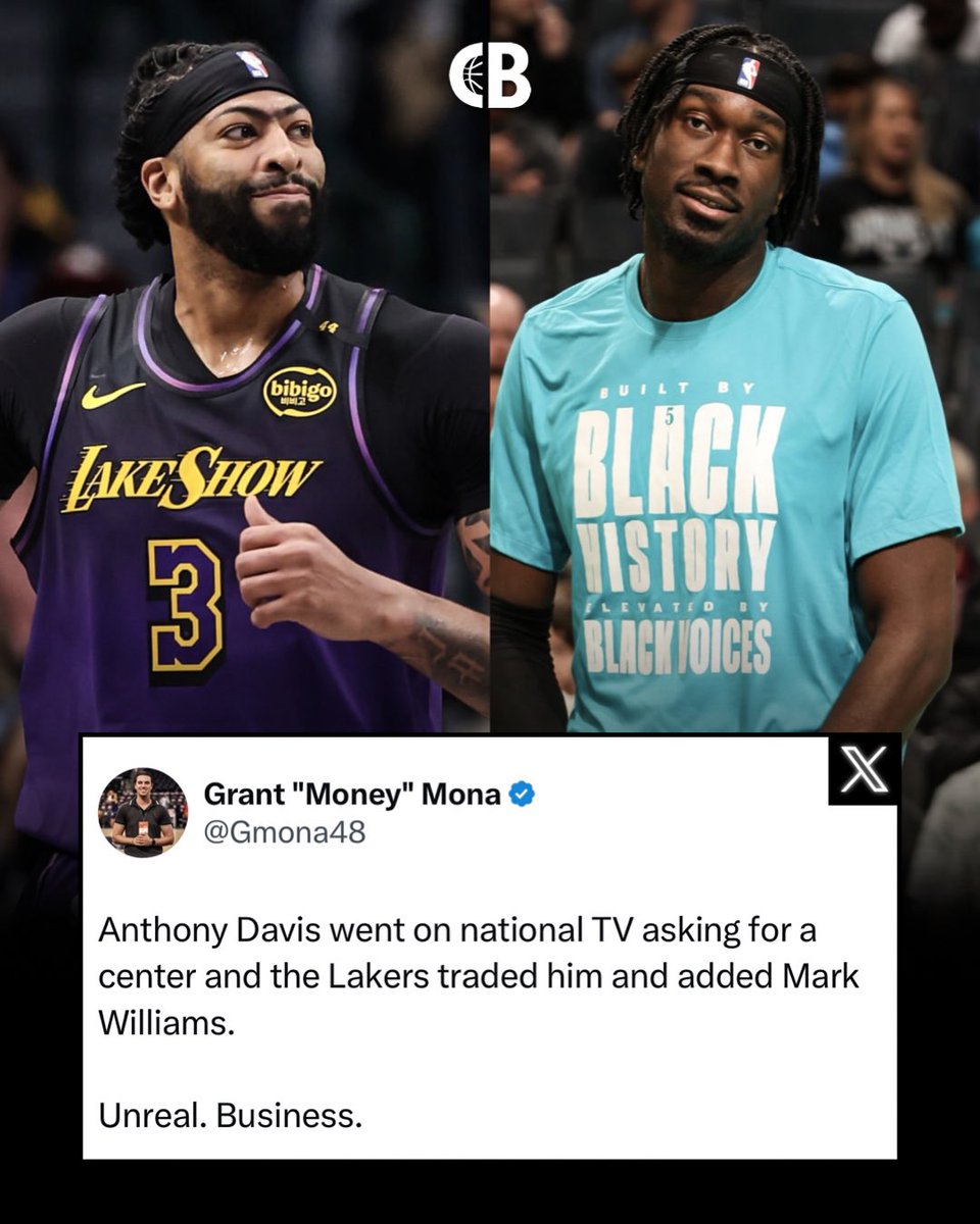 Just two weeks ago, Anthony Davis went on National TV &amp; told Shams Charania, “I think we (Lakers) need another big.” 

Two weeks later, Davis was dealt to Dallas for Luka Doncic &amp; Rob Pelinka traded Dalton Knecht &amp; other assets for 23 year old star center Mark Williams. 

This