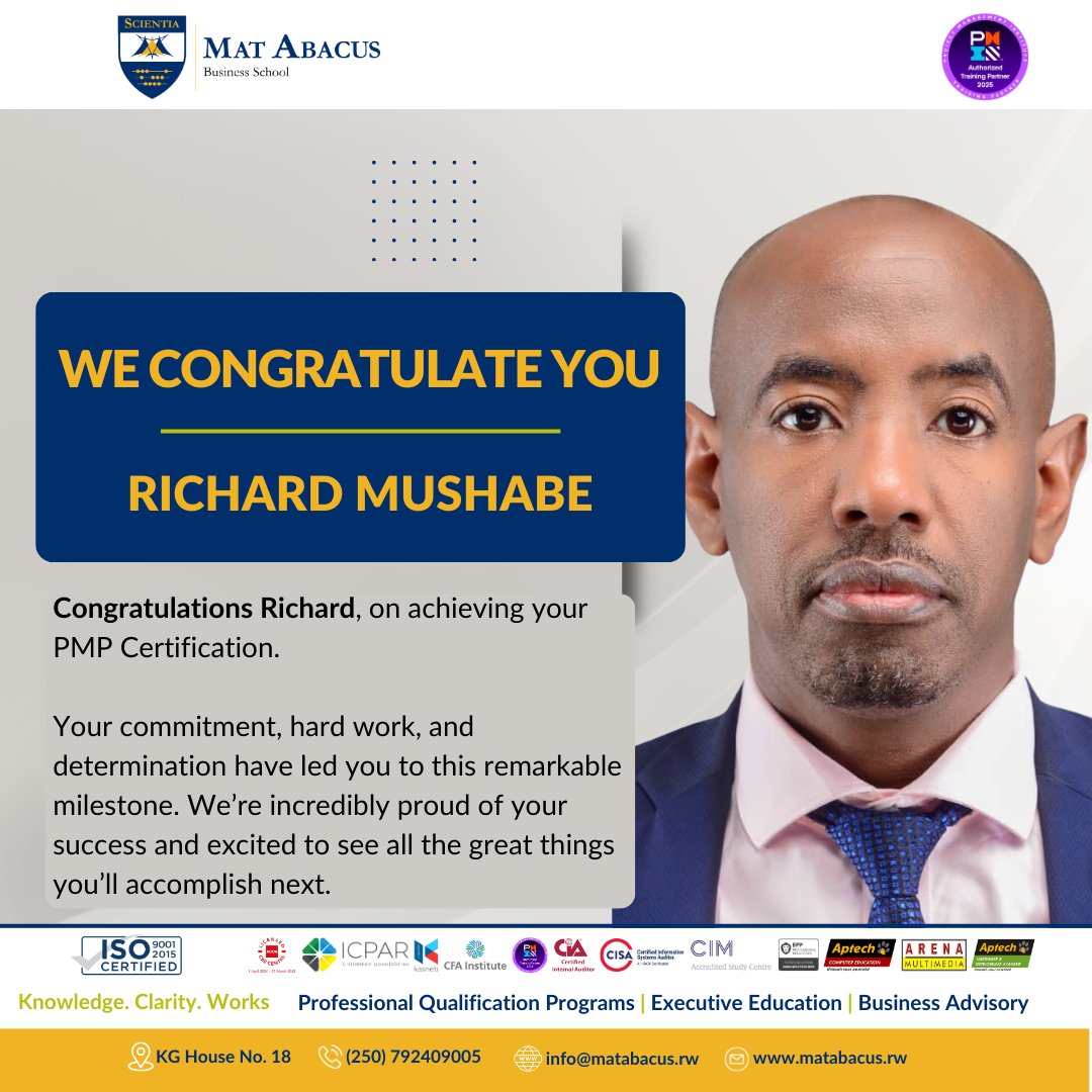 Congratulations Richard on earning your PMP Certification.
Your dedication and hard work have led you to this remarkable milestone. We are proud of your success and excited to see what’s next! 👏

#pmp #matabacusrwanda