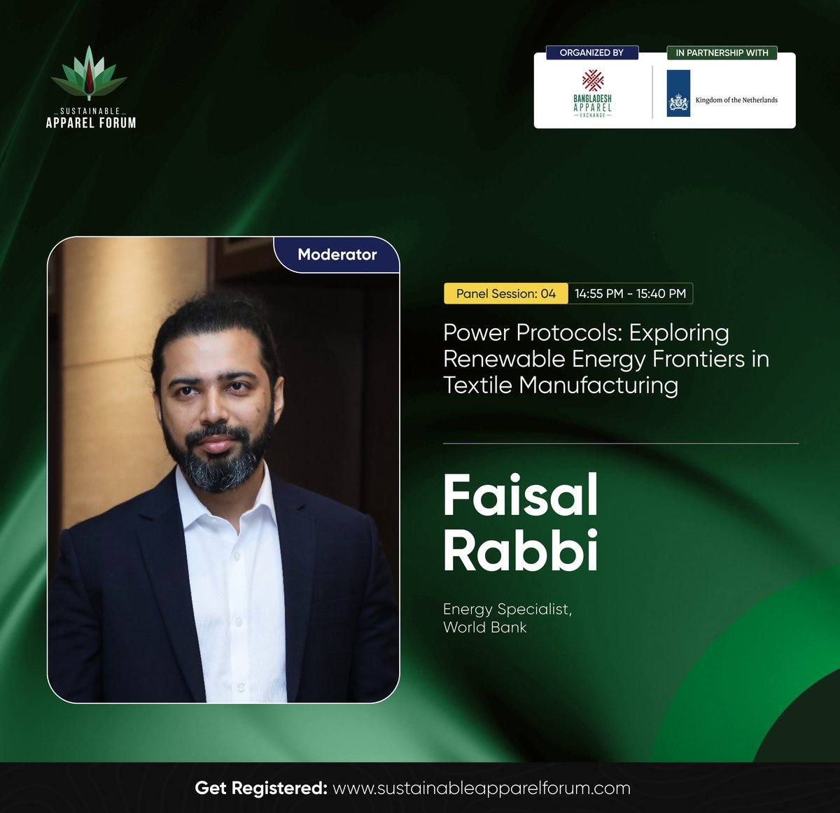 Excited to have Faisal Rabbi moderating Panel 04 at #SAF2025! As an #energy expert, he’ll lead discussions on scaling #renewables in #textile manufacturing. Join us on Feb 11 at Radisson Blu, Dhaka! 

#SustainableApparelForum #BangladeshRMG #GreenEnergy