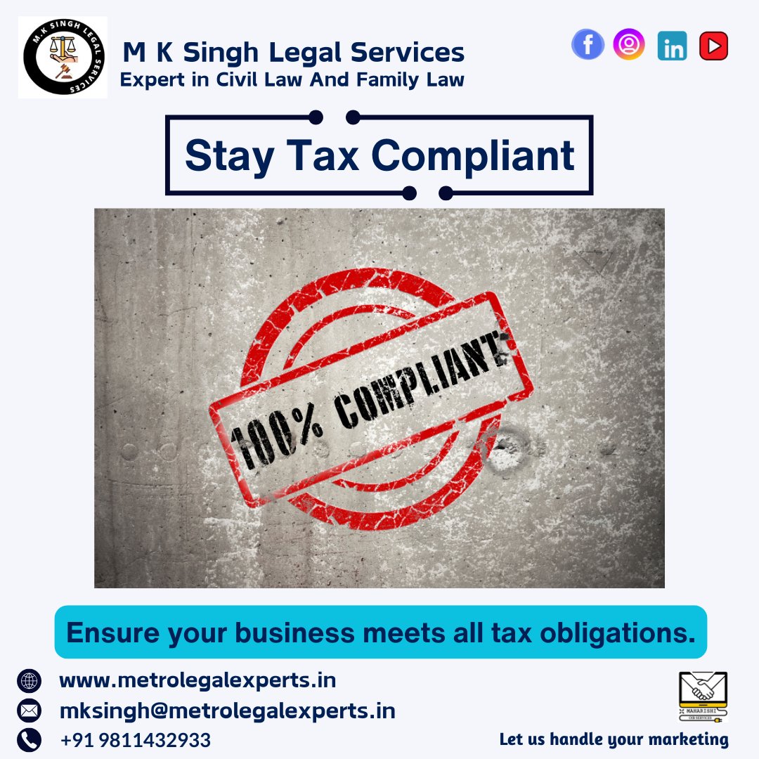 MksinghL's tweet photo. 🔹 Stay Tax Compliant with M K Singh Legal Services! 🔹
Ensure your business meets all tax obligations with expert legal guidance. ✅
📩 Contact us: mksingh@metrolegalexperts.in | 📞 +91 9811432933
🌐 Visit: https://t.co/IehrH8awIl
#LegalServices #TaxCompliance https://t.co/7njjaIKniP