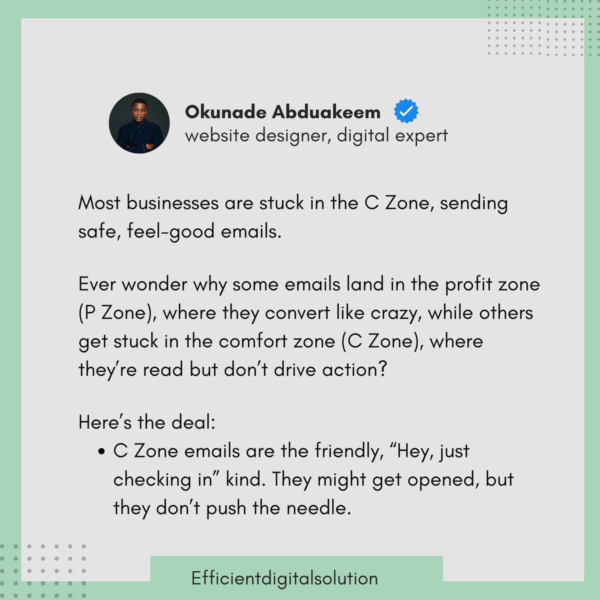 efficientraphic's tweet image. Why Your Emails Get Ignored (And How to Fix It)

Ever wonder why some emails land in the profit zone (P Zone), where they convert like crazy, while others get stuck in the comfort zone (C Zone)

READ ALL IN SLIDE

linktr.ee/Okunadeabdulak…

#lifecoaching #emailmarketing #Website