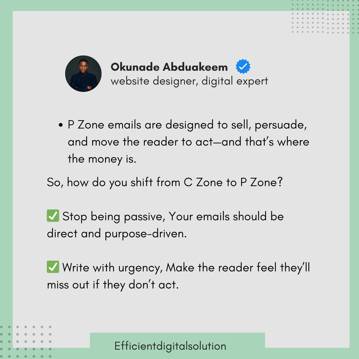 efficientraphic's tweet image. Why Your Emails Get Ignored (And How to Fix It)

Ever wonder why some emails land in the profit zone (P Zone), where they convert like crazy, while others get stuck in the comfort zone (C Zone)

READ ALL IN SLIDE

linktr.ee/Okunadeabdulak…

#lifecoaching #emailmarketing #Website