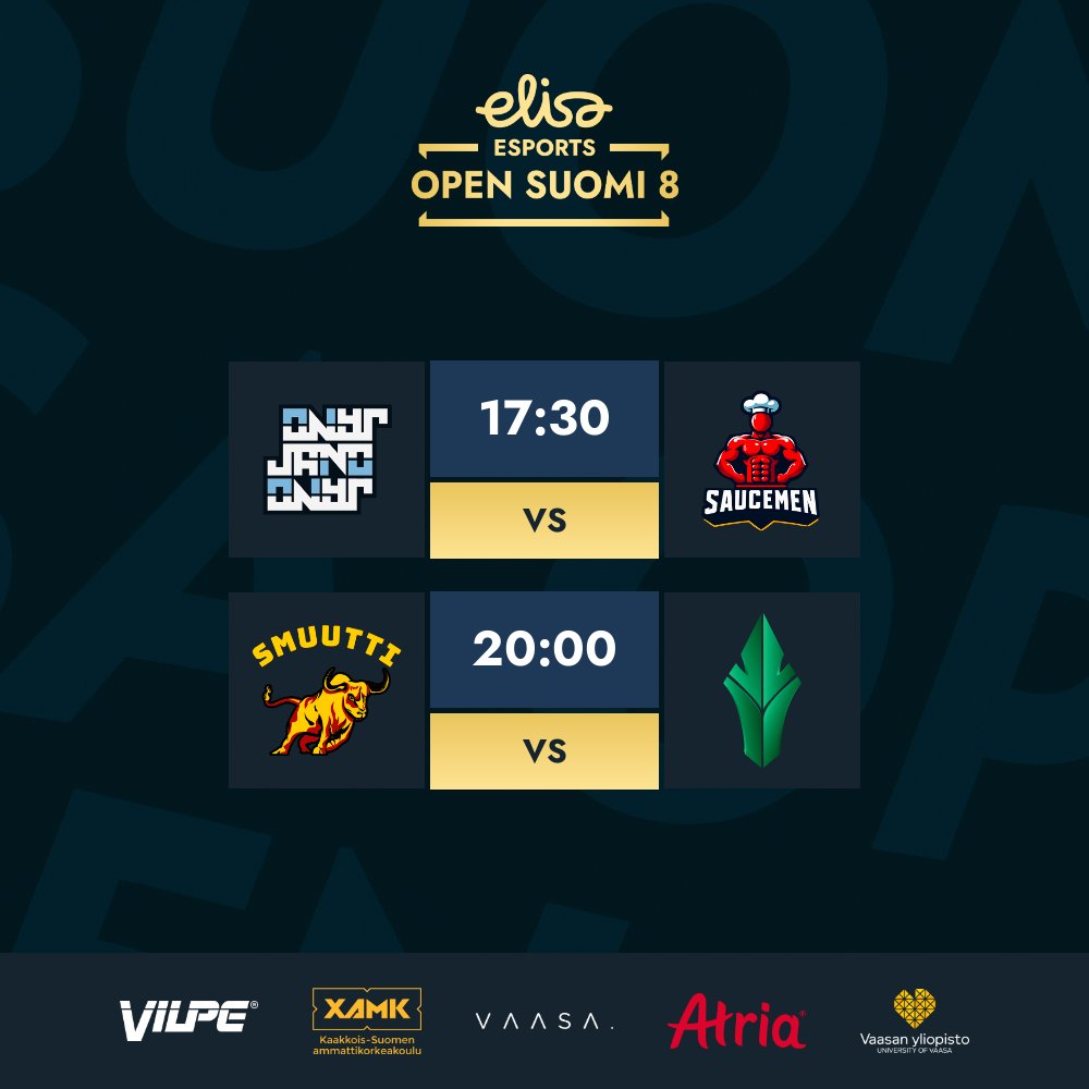 Illan jännärit 🌆

⏰ 17:30
⚔️ <a href="/janoesports/">JANO</a> vs SAUCEMEN

⏰ 20:00
⚔️ Smuuttikusilkki vs <a href="/HAVUgaming/">HAVU</a>

📺 twitch.tv/elisaviihdespo…
📺 youtube.com/@elisaesports

#ElisaOpen #esportsfi