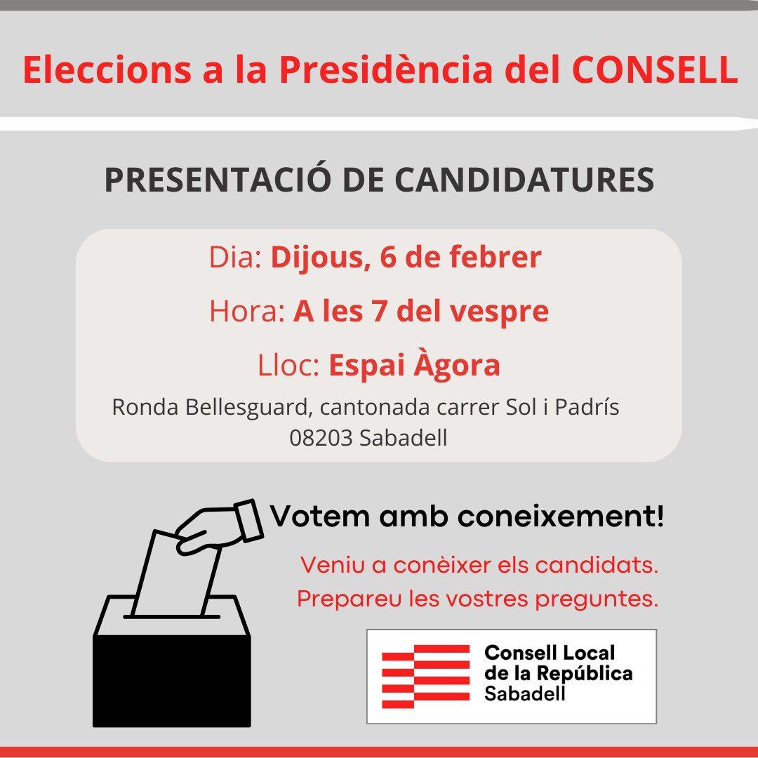 Consell Local - Sabadell (@cldr_sabadell) on Twitter photo AQUESTA TARDA A LES 7 DEL VESPRE
A l'<a href="/EspaiAgora/">Espai Àgora Sabadell</a>
Comptarem amb la presentació de les candidatures de <a href="/jordi_kanet/">Jordi Castellà</a> <a href="/JordiDomingoGM/">Jordi Domingo</a> <a href="/toni_comin/">Toni Comín</a> i Montserrat Duran de <a href="/REvolucionemNos/">REvolucionemNos</a>
Us hi esperem! AQUESTA TARDA A LES 7 DEL VESPRE
A l'<a href="/EspaiAgora/">Espai Àgora Sabadell</a>
Comptarem amb la presentació de les candidatures de <a href="/jordi_kanet/">Jordi Castellà</a> <a href="/JordiDomingoGM/">Jordi Domingo</a> <a href="/toni_comin/">Toni Comín</a> i Montserrat Duran de <a href="/REvolucionemNos/">REvolucionemNos</a>
Us hi esperem!