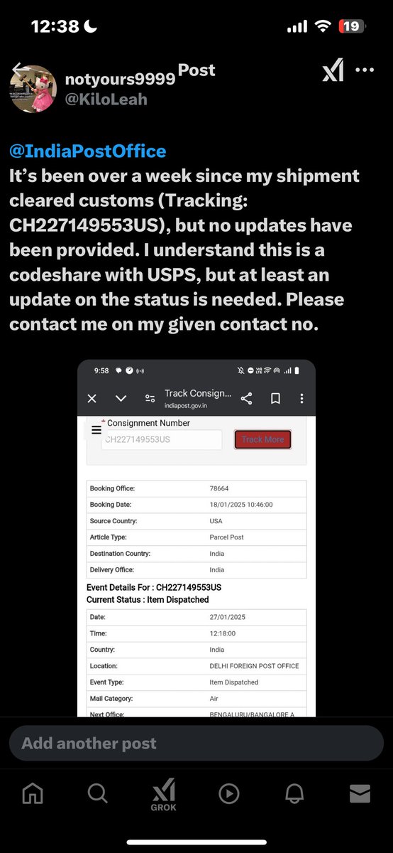 KiloLeah's tweet photo. @USPS  @IndiaPostOffice  24+ hours and still no update? What exactly are y’all ‘looking into -the void? Just enter the consignment number and update the system. It’s not a scavenger hunt. Please do the needful https://t.co/eUjDWyPGEn