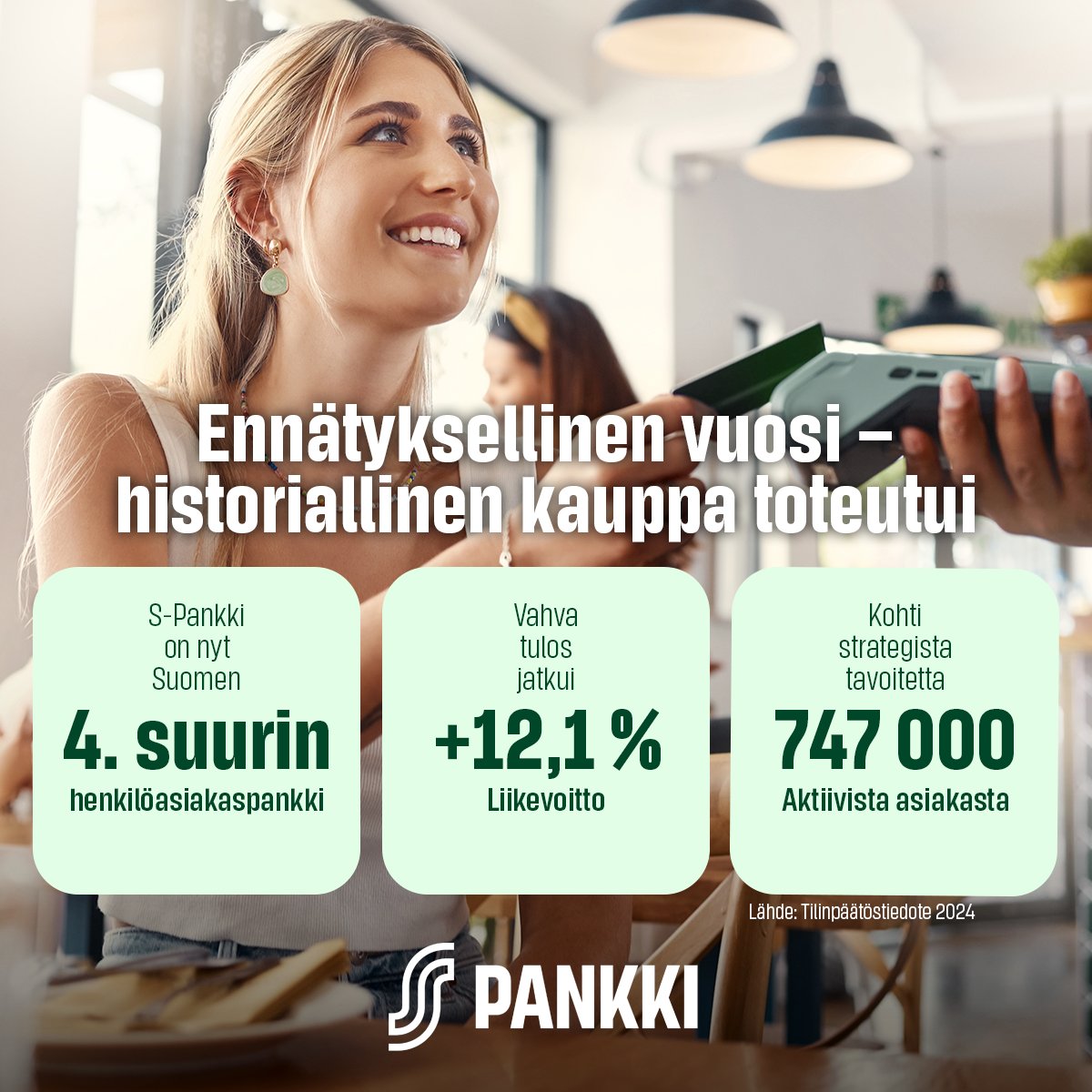 S_Pankki's tweet photo. S-Pankki on julkaissut tilinpäätöstiedotteen. Takana on ennätyksellinen vuosi ja historiallinen liiketoimintakauppa, joka nosti S-Pankin uuteen kokoluokkaan.

Lue pörssitiedote ➡️ https://t.co/PXRJN6eKku

Katso webcast 6.2.25 klo 10-11➡️ https://t.co/SwfCJQAvLf

#SPankki 
#tulos https://t.co/A7PUJgGEQ2