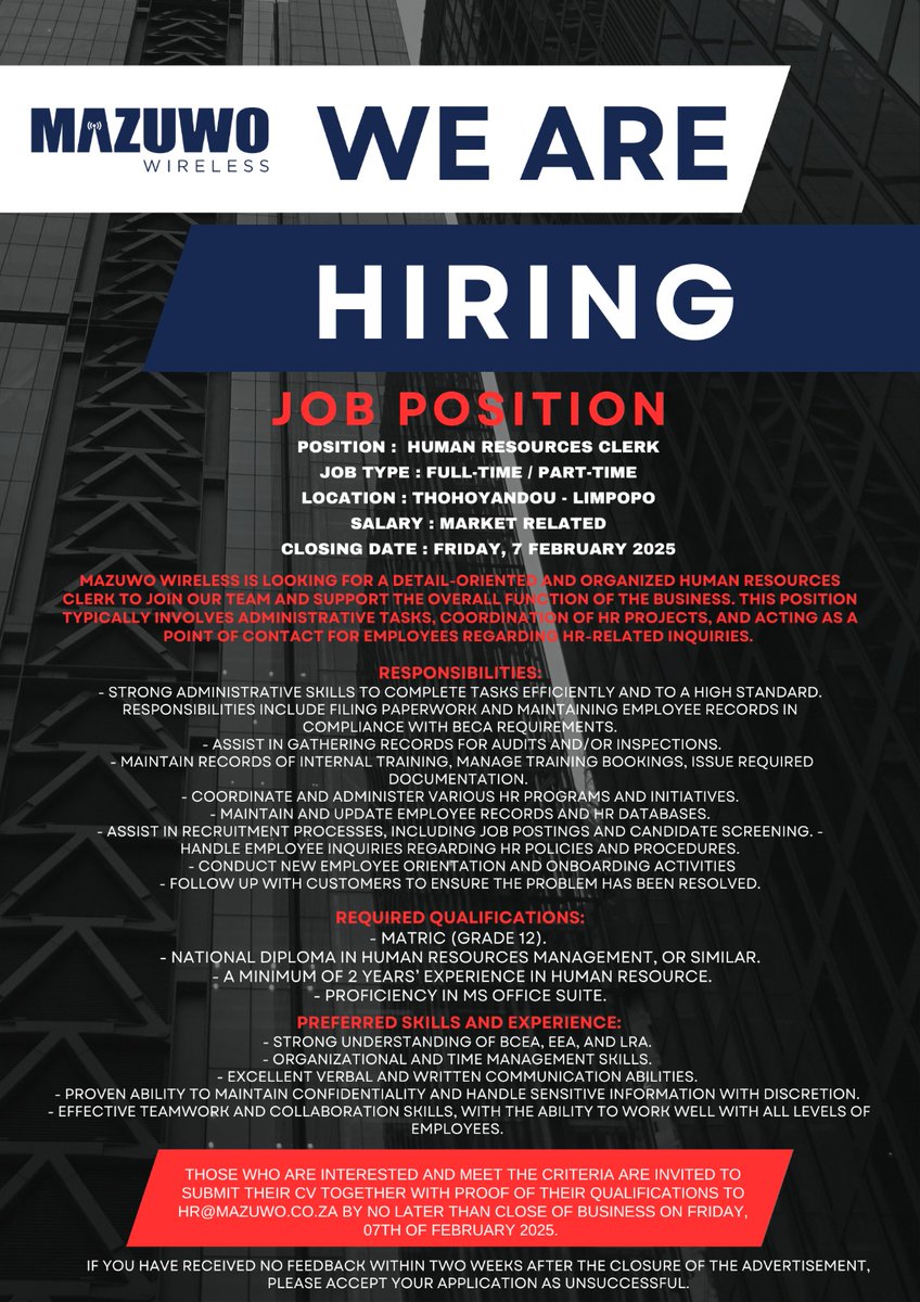 Join our team at Mazuwo Wireless! 🔌

Connecting homes and businesses!
#jobopportunity #mazuwonetworks #mazuwovacancies #jointheteam #wearehiring