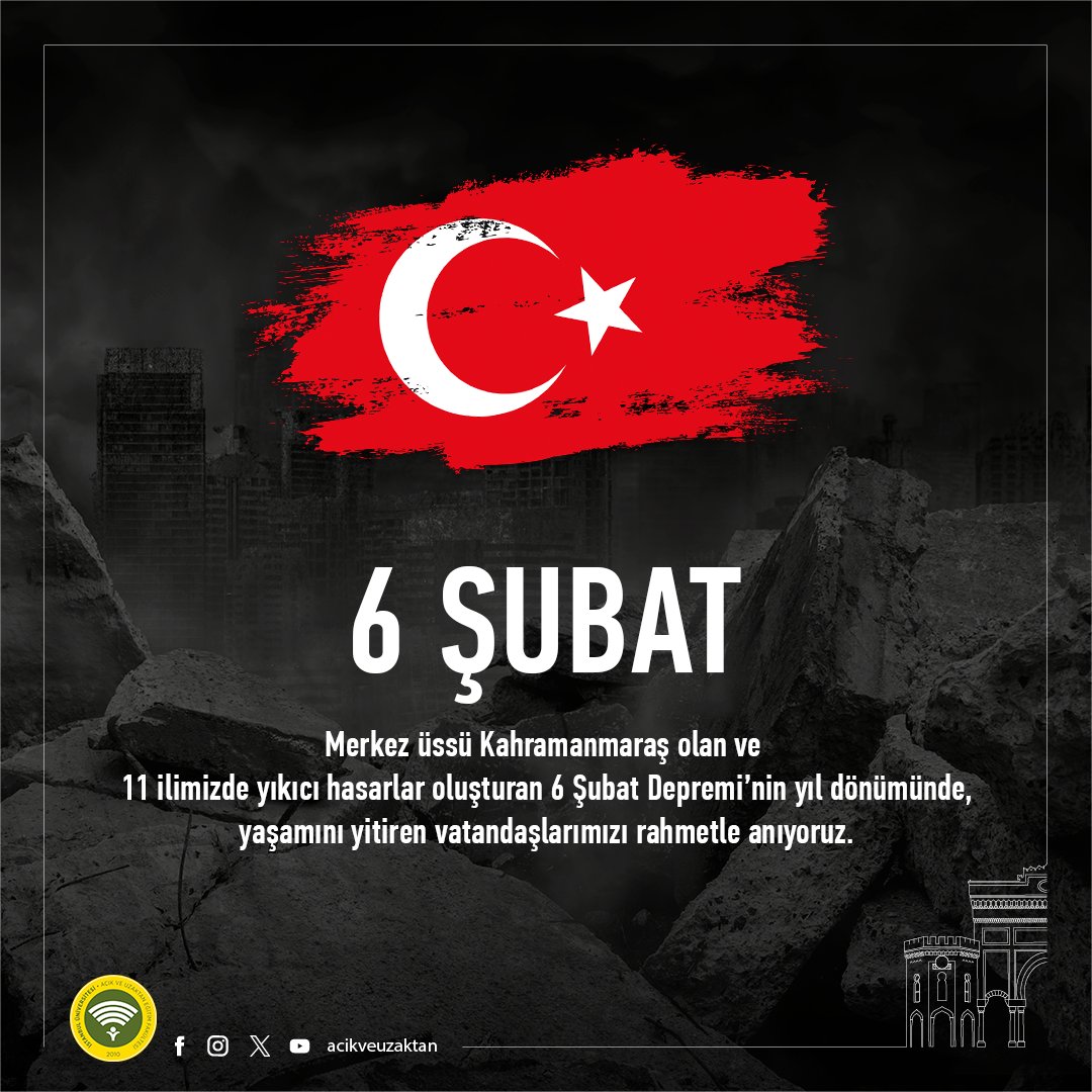 Merkez üssü Kahramanmaraş olan ve 11 ilimizde yıkıcı hasarlar oluşturan 6 Şubat Depremi’nin yıl dönümünde, yaşamını yitiren vatandaşlarımızı rahmetle anıyoruz.