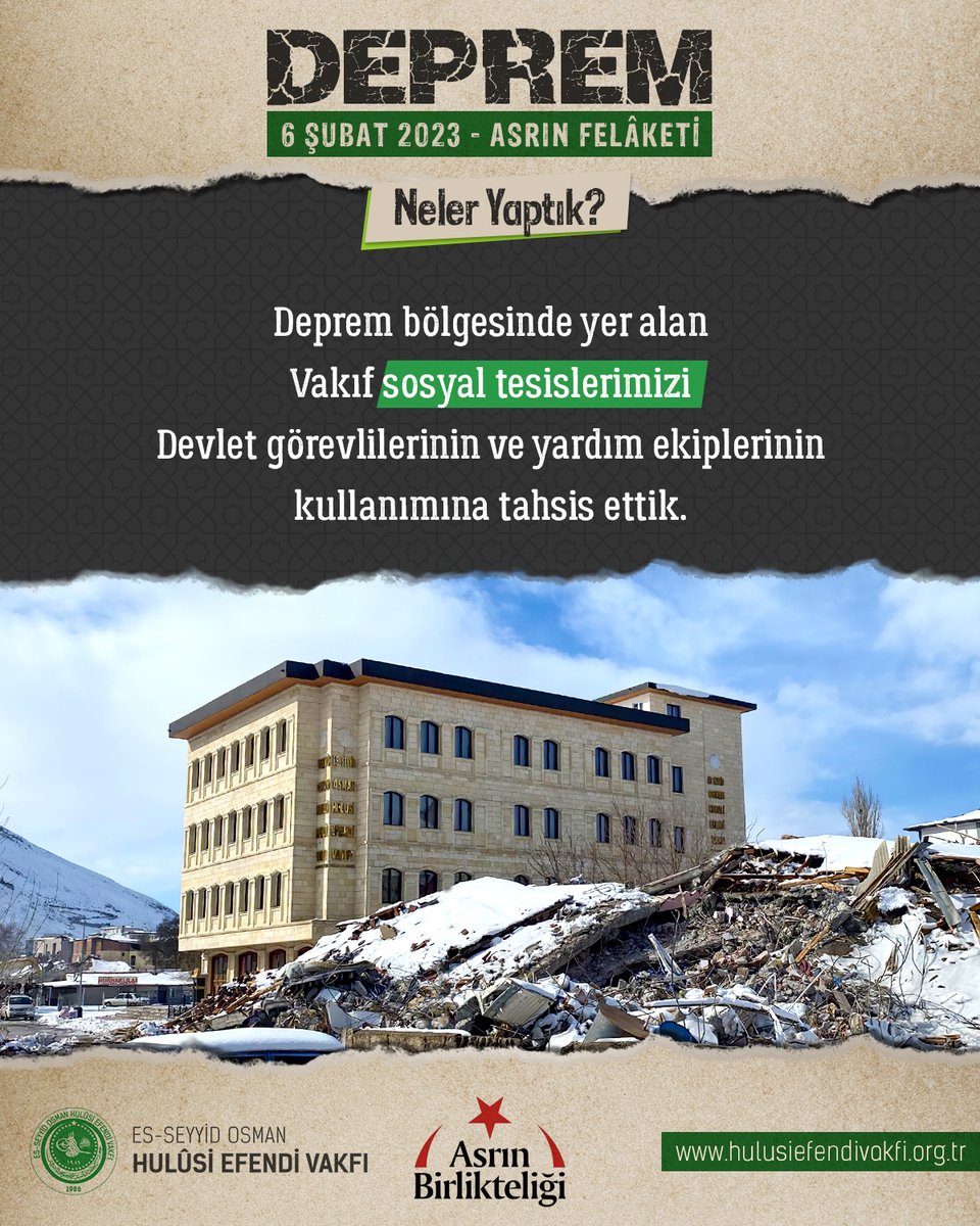 #BirOluruz

▪️ 6 Şubat depremlerinde hayatlarını kaybeden vatandaşlarımızı rahmetle anıyoruz. Deprem bölgesine yaptığımız yardımlara destek veren tüm vakıf gönüllülerimize teşekkür ediyoruz.

#HulusiEfendiVakfı