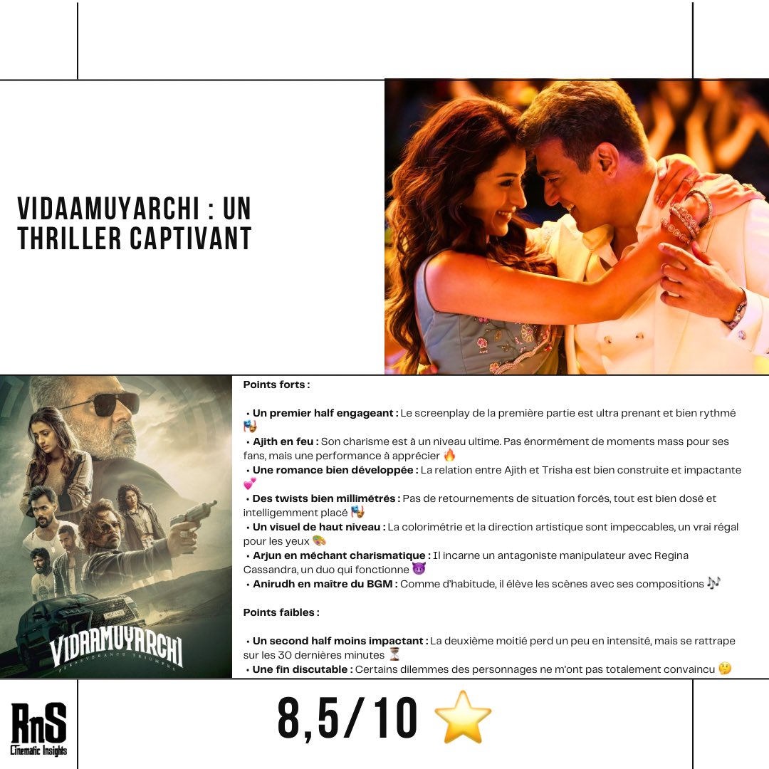 La nuit blanche pour l’avant-première en valait totalement la peine, je ressors satisfait ! 

#Vidaamuyarchi #AjithKumar #TrishaKrishnan #ArjunSarja #ReginaCassandra #MagizhThirumeni #AnirudhRavichander #TamilCinema #Kollywood #ActionThriller #TamilMovie #MovieRelease #Film2025