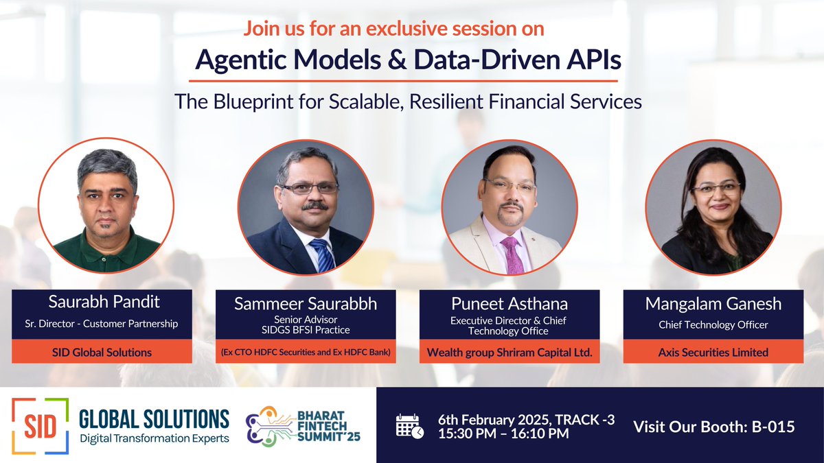 Join us for an exclusive session on
-Agentic Models &amp; Data-Driven APIs: The Blueprint for Scalable, Resilient Financial Services.

#BharatFintechSummit #BFS2025 #SIDGS
#Networking #Leadership #DigitalTransformation
