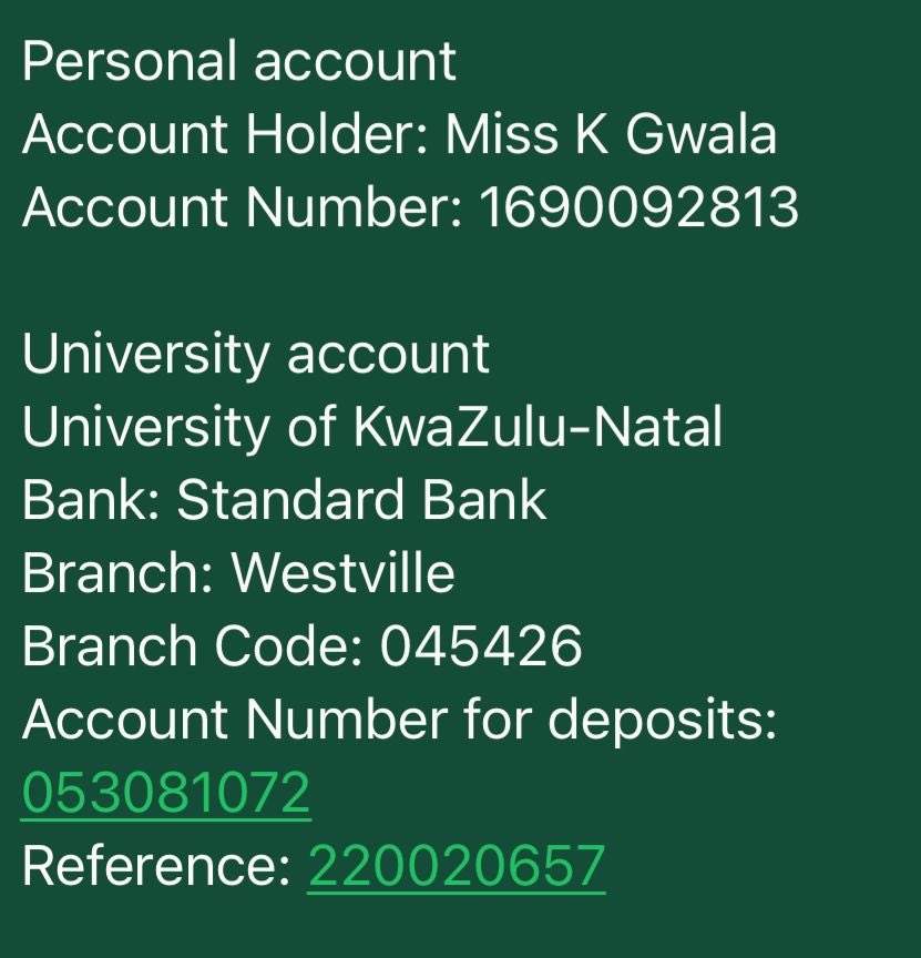 Mandisa _Nomafu (@mandisa646) on Twitter photo My name is Kholeka Gwala .l am a student at (UKZN), pursuing a Science degree in Microbiology and Genetics. I'm reaching out for financial assistance .I owe R93 277.00 in outstanding fees and need to pay 15% to secure my registration for the 2025 academic year.🙏🙏<a href="/GwalaKholeka/">scrumptious_</a> My name is Kholeka Gwala .l am a student at (UKZN), pursuing a Science degree in Microbiology and Genetics. I'm reaching out for financial assistance .I owe R93 277.00 in outstanding fees and need to pay 15% to secure my registration for the 2025 academic year.🙏🙏<a href="/GwalaKholeka/">scrumptious_</a>