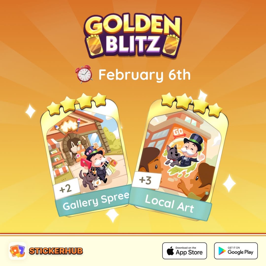 StickerHub_App's tweet image. 🤩 Upcoming Golden Blitz Event 🥳
🎁 Tradeable Stickers: Gallery Spree &amp;amp; Local Art
⏱️ : January 6th
Join StickerHub to find Gold Sticker trades!!
🔗🔗 Download the App: stickerhub.go.link/4qSla
#MonopolyGo #monopoly #Stickerhub
