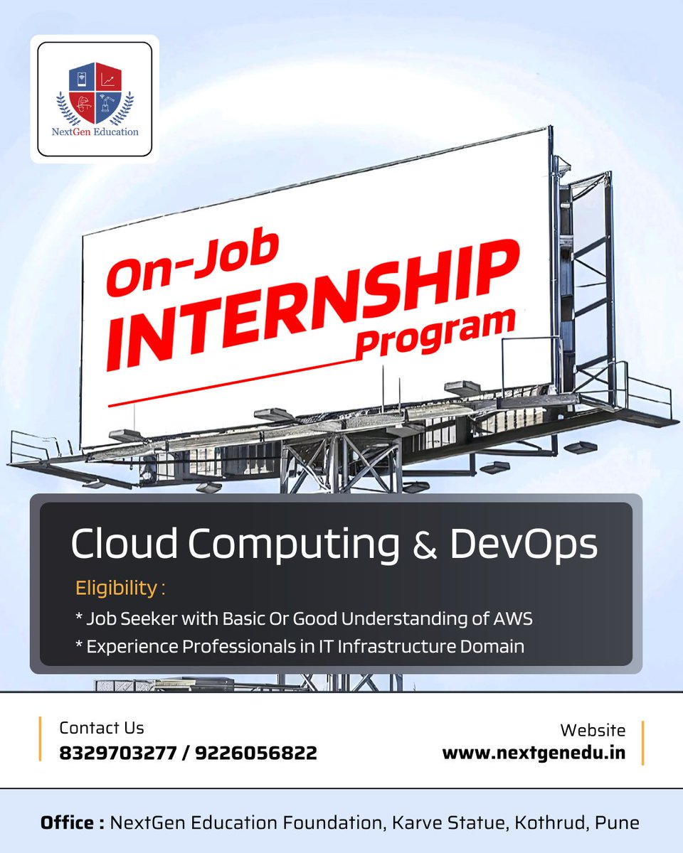 NextGenEdu_Pune's tweet photo. 🚀 𝗧𝗮𝗸𝗲 𝗬𝗼𝘂𝗿 𝗜𝗧 𝗖𝗮𝗿𝗲𝗲𝗿 𝘁𝗼 𝗡𝗲𝘄 𝗛𝗲𝗶𝗴𝗵𝘁𝘀 𝘄𝗶𝘁𝗵 𝗢𝘂𝗿 𝗢𝗻-𝗝𝗼𝗯 𝗜𝗻𝘁𝗲𝗿𝗻𝘀𝗵𝗶𝗽 𝗣𝗿𝗼𝗴𝗿𝗮𝗺!☁️📞 +91-83297 03277 / 92260 56822🌎 Visit us https://t.co/BHtbPlsSun. #cloudcomputing #devops #aws #internshipprogram #techcareers #nextgeneducation https://t.co/vIZW9OfkPz