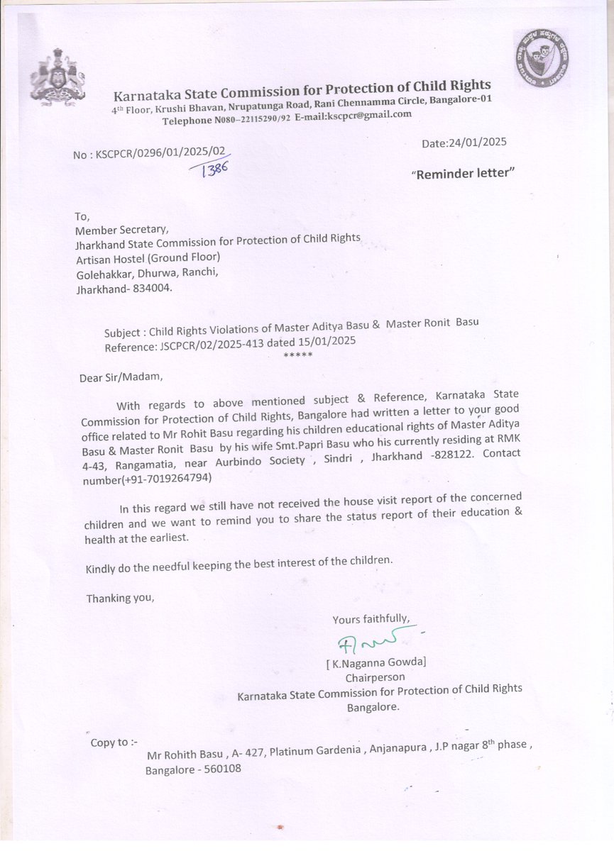<a href="/UttamMukdhanbad/">Uttam Mukherjee, Ex Chairperson, CWC, Dhanbad</a> Dear Uttam ji,

Can you please work on the matter requested by the Karnataka State Commission for Protection of Child Rights on 15th Jan 2025. 

Am attaching the details here again. Its the future of Aditya (11 years) and Ronit(6 years) who are not going to their school at