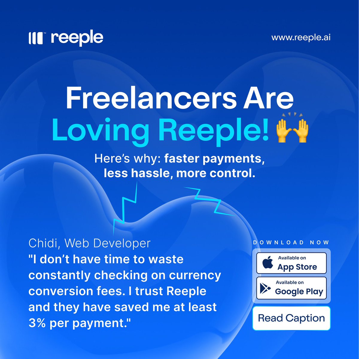 ReepleAI's tweet image. Check out how freelancers just like you are making smarter money moves with Reeple! 💰 

From holding USD &amp;amp; EUR to fast, easy payments, they’re saying goodbye to the stress. 

Ready to level up your freelance life? 🚀 

#ReepleIt #FreelancerSuccess #USDandEUR #SmartMoneyMoves