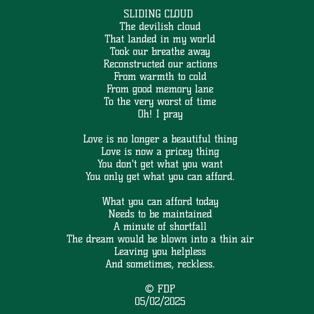 FDPDigitals's tweet photo. Love is not what it used to be. It is no longer about what we feel for each other, it's more about what we can offer each other. There is slide in the cloud.
#FDPWrites Day 03 https://t.co/7yIHm8lCYU