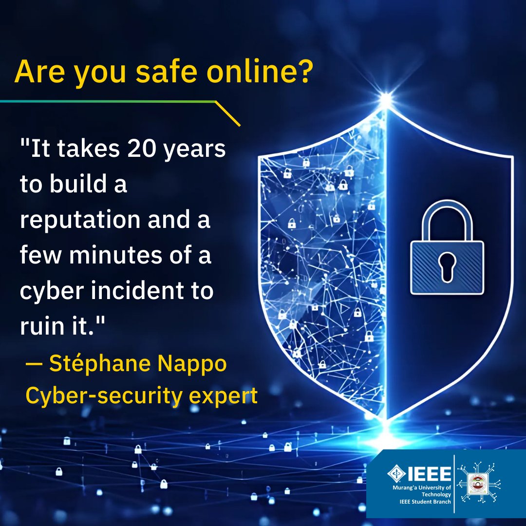 Are You Safe Online? 

"Tech literacy is rising, but so are cyber threats. Don't be a victim! Update your devices, learn to spot scams, and protect your data online. #CyberSecurityAlert #DataBreach #StayInformed #CyberSecurityTips"

IEEE Murang'a University