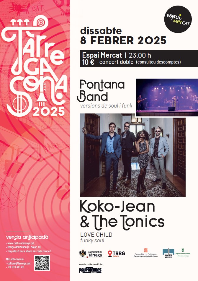 🎸 Tens ganes de ballar a ritme de soul?

🎙️ Aquest dissabte 8 de febrer a les 23 h, no et perdis <a href="/KokoJeanTonics/">Koko-Jean & The Tonics</a> a l'Espai MerCAT de #Tàrrega

🎶Doble concert amb l'actuació dels lleidatans Fontana Band

🎟️ Entrades a la venda de <a href="/culturatarrega/">Cultura Tàrrega</a> a culturatarrega.koobin.cat/koko-jean-font…