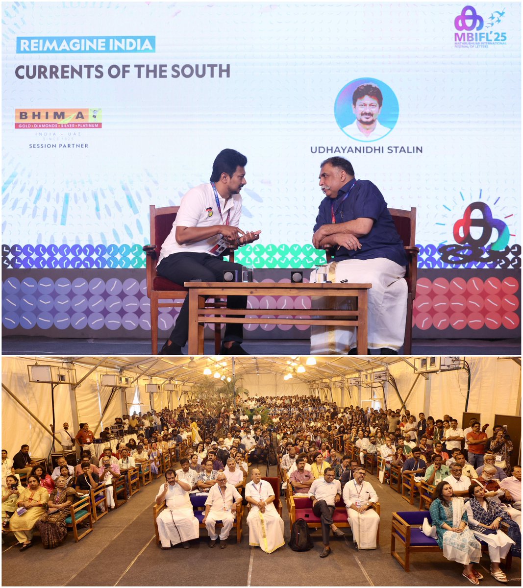 Udhaystalin's tweet photo. Had the privilege of taking part in the prestigious 'Mathrubhumi International Festival of Letters 2025' of @mathrubhuminews in Thiruvananthapuram today.

With state governments' rights being encroached upon by the BJP-led Union Government in several ways, I addressed the audience on the topic, "State Rights - A Constitutional Promise Under Threat."

I pointed out the existing threats to the state autonomy, such as the new UGC guidelines, #NEP, the "One Nation, One Election" proposal, delimitation of constituencies, step-motherly treatment in the #UnionBudget, and increasing interference from Governors, among others.

I urged that not just Tamil Nadu, but every state in the country, must stand up and speak out to protect our rights.

The strength of the nation truly lies in the strength of the states.
#MBIFL2025 #StateRights #Constitution