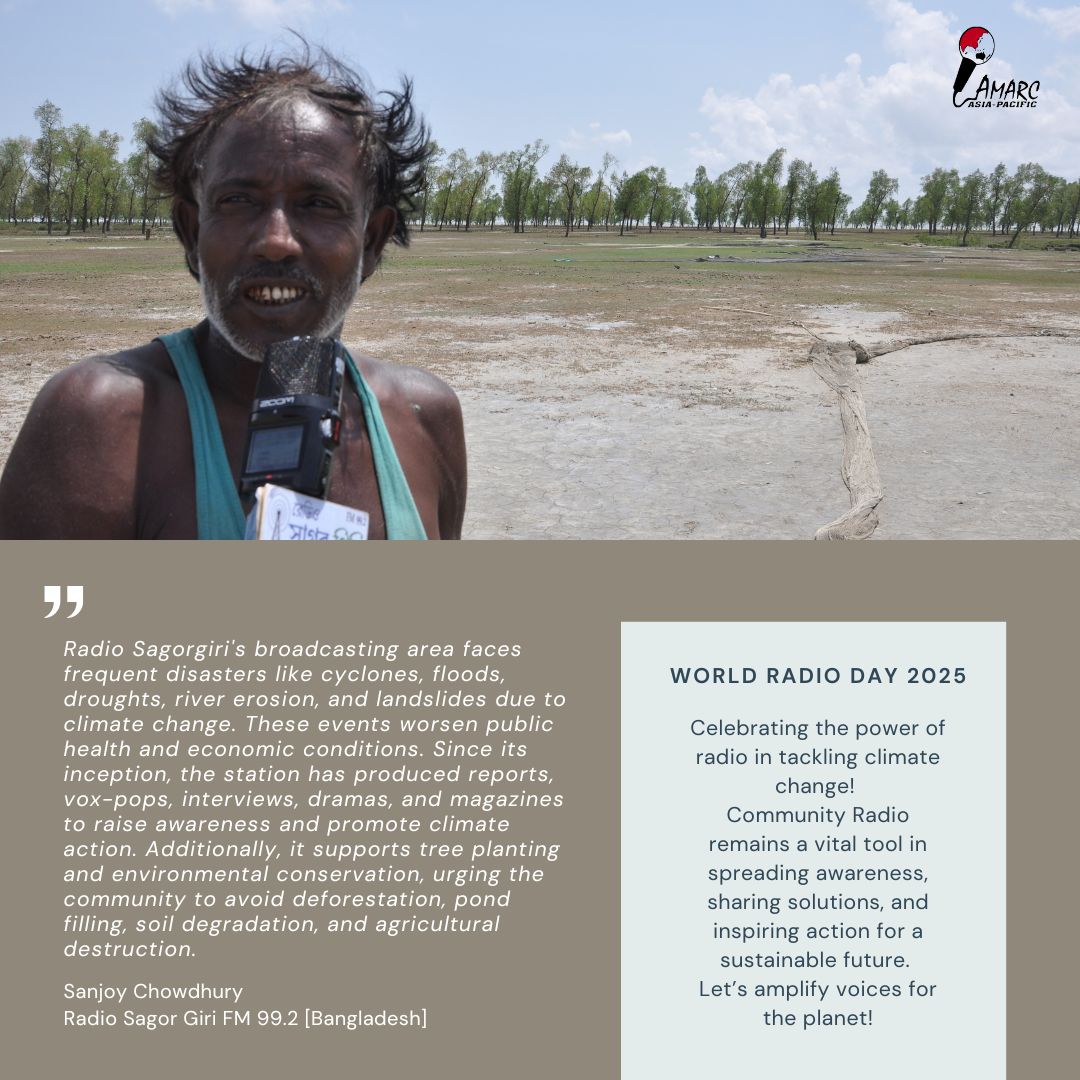 #WorldRadioDay2025 – "Radio and Climate Change" 

#CommunityRadio empowers local voices, spreads vital climate info, and drives action! Leading up to #WRD2025 (Feb 13), <a href="/AMARC_AP/">AMARC Asia-Pacific</a>  shares insights from partner radios on tackling climate change. Stay tuned!

<a href="/unescodhaka/">UNESCO Dhaka</a>