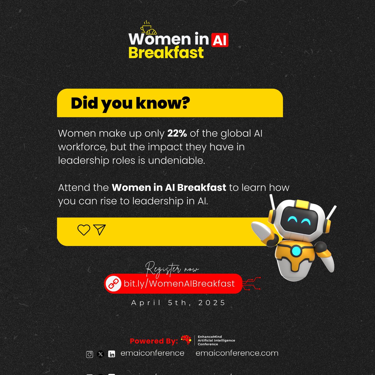 emai_conference's tweet photo. 🚀 Did You Know? 🚀

👩‍💼 Less than 15% of women hold senior executive positions in AI. Your voice is crucial in changing this.

📚 Women contribute to 26% of AI research papers, and this number is growing as more women step into leadership roles in academia and industry. https://t.co/JU1Qn26Yic
