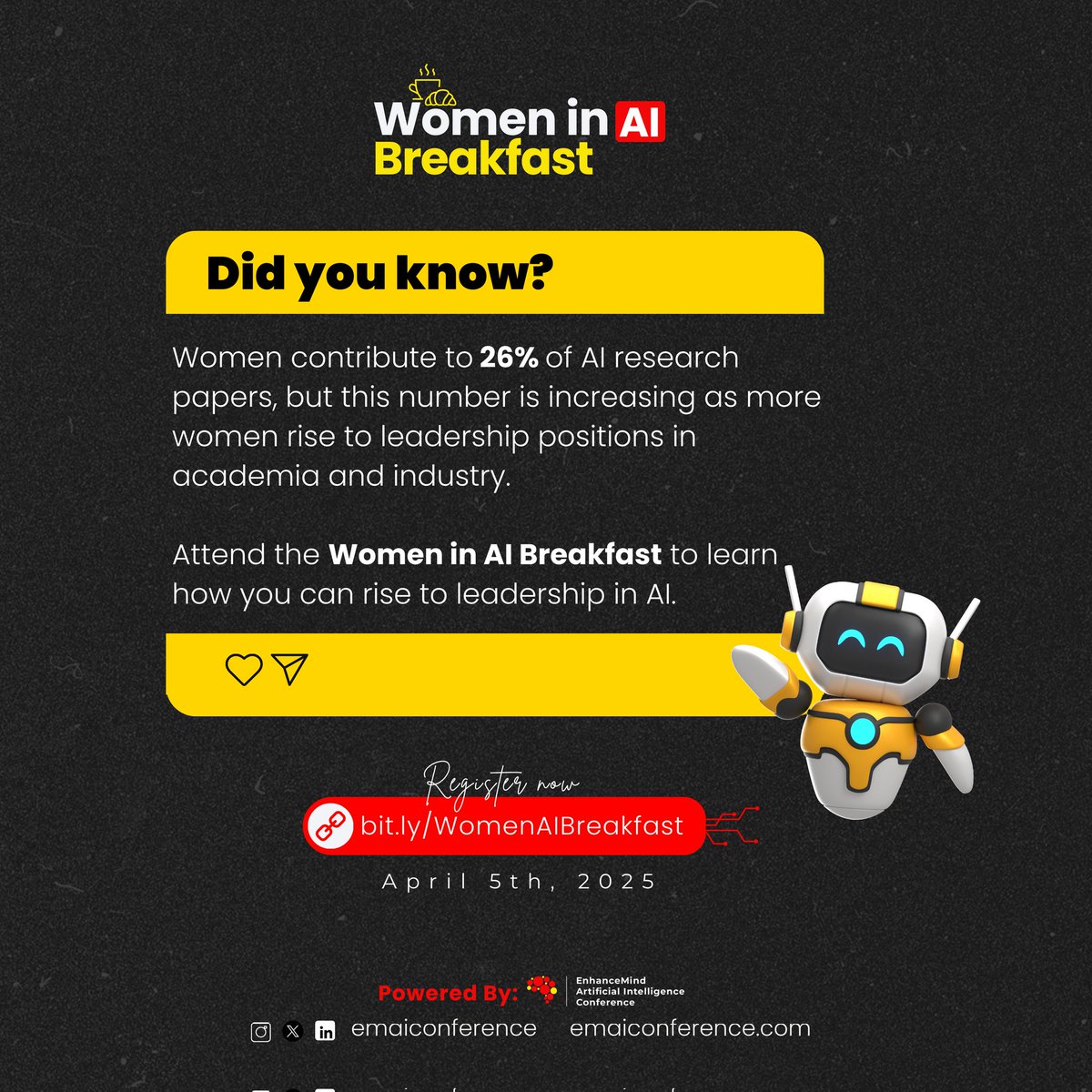 emai_conference's tweet photo. 🚀 Did You Know? 🚀

👩‍💼 Less than 15% of women hold senior executive positions in AI. Your voice is crucial in changing this.

📚 Women contribute to 26% of AI research papers, and this number is growing as more women step into leadership roles in academia and industry. https://t.co/JU1Qn26Yic