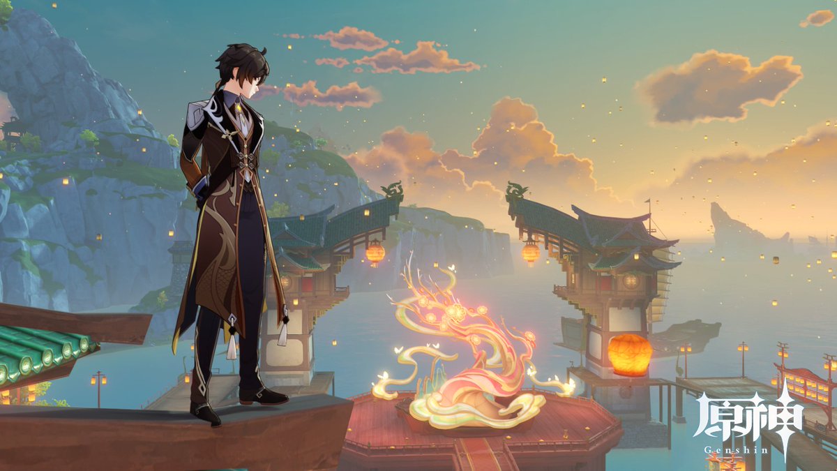 鍾離|しょうり(原神) 「夜明け前の璃月港 綺麗」|すわろのイラスト