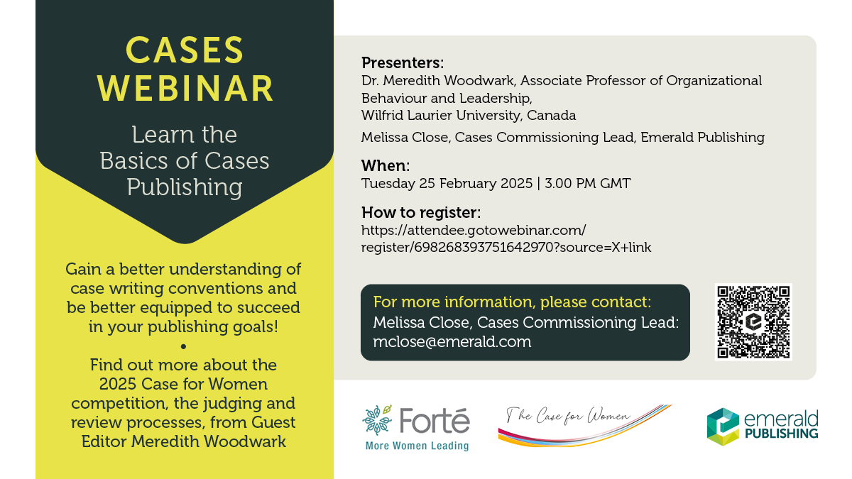 Free webinar for #CaseStudies authors! Learn the basics of case publishing with Dr Meredith Woodwark, Guest Editor of the Case for Women Competition.

Date: 25 February 2025 Time: 15.00 GMT

Register here 👉 bit.ly/4h6y4WA 

#Cases #Webinar #Writing