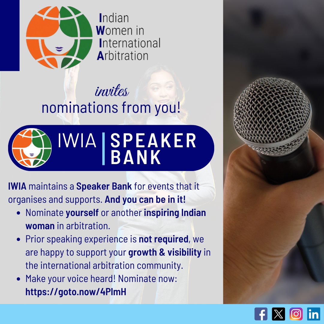 Help us celebrate &amp; amplify the voices of Indian women in international arbitration.

The #IWIA Speaker Bank initiative aims to provide a platform for sharing insights, experiences &amp; expertise through our online &amp; offline events.

Nominations open now!
