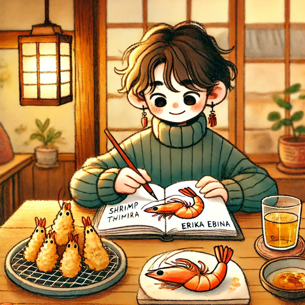 sippu242's tweet photo. 海老名ごもりえりか、絵日記にエビ描きながら、エビフライ食べる。 https://t.co/7fEccpWxtt