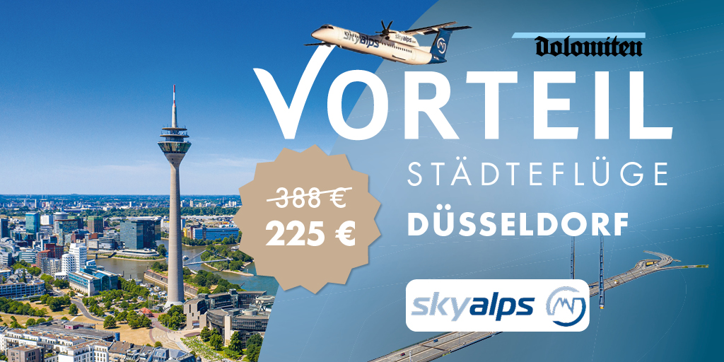 Dolomiten (@tagblattd) on Twitter photo Direktflug mit SKYALPS: ✈️Bozen-DÜSSELDORF-Bozen✈️
Vorteilspreis 225 € statt 388 €
➡️Hinflug 13. März 2025 um 10.00 Uhr
⬅️Rückflug 16. März 2025 um 12.30 Uhr
Eeinfach eine e-mail an dolomitenvorteil@athesia.it schicken! Direktflug mit SKYALPS: ✈️Bozen-DÜSSELDORF-Bozen✈️
Vorteilspreis 225 € statt 388 €
➡️Hinflug 13. März 2025 um 10.00 Uhr
⬅️Rückflug 16. März 2025 um 12.30 Uhr
Eeinfach eine e-mail an dolomitenvorteil@athesia.it schicken!