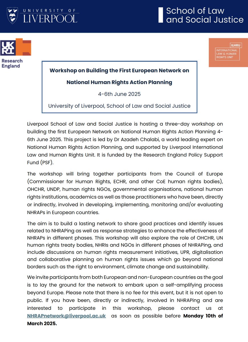Law & Social Justice Research (@livunilawsj) on Twitter photo 📣 We are hosting the biggest workshop on building the First European Network on National Human Rights Action Planning.
🗓️ 4 - 6 June 2025
Find out how you can get involved here ⤵️
ow.ly/2isM50UJmOY
@livunihss <a href="/livuni_ILHRU/">ILHRU Liverpool</a> @livunislsj @livuniresearch <a href="/AzadehChalabi/">Azadeh Chalabi</a> 📣 We are hosting the biggest workshop on building the First European Network on National Human Rights Action Planning.
🗓️ 4 - 6 June 2025
Find out how you can get involved here ⤵️
ow.ly/2isM50UJmOY
@livunihss <a href="/livuni_ILHRU/">ILHRU Liverpool</a> @livunislsj @livuniresearch <a href="/AzadehChalabi/">Azadeh Chalabi</a>