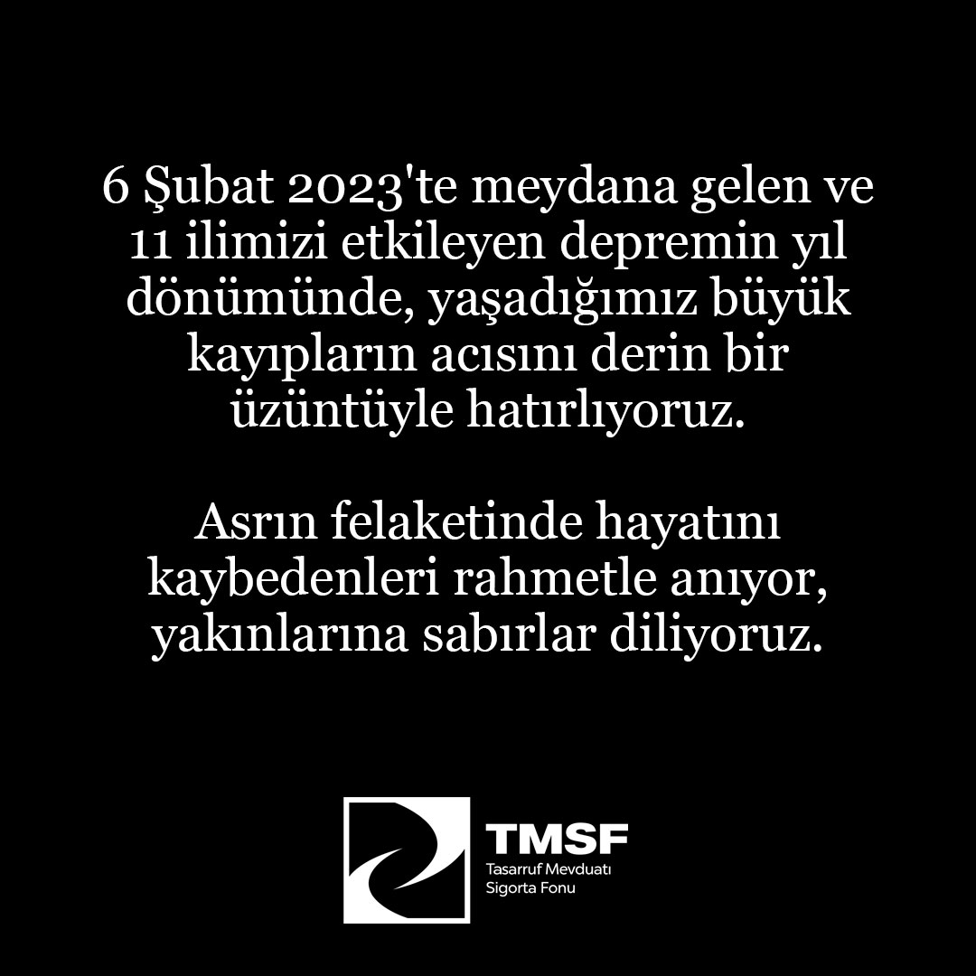 6 Şubat 2023'te meydana gelen ve 11 ilimizi etkileyen depremin yıl dönümünde, yaşadığımız büyük kayıpların acısını derin bir üzüntüyle hatırlıyoruz.

Asrın felaketinde hayatını kaybedenleri rahmetle anıyor, yakınlarına sabırlar diliyoruz. #BirOluruz #6subat2023 #AsrınFelaketi