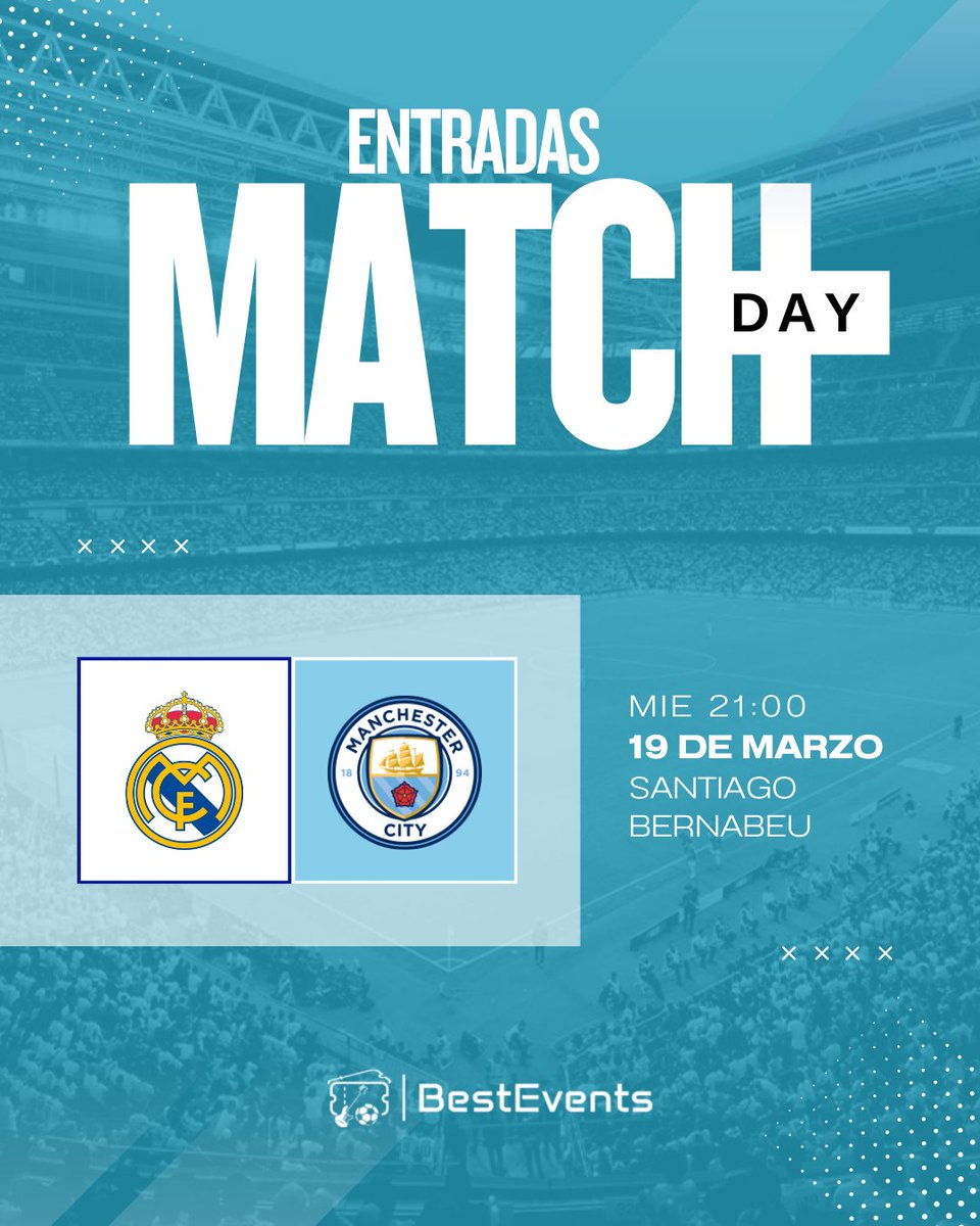 best__events's tweet image. 🔵SUENA EL HIMNO DE LA CHAMPIONS⚪

🔥 Real Madrid 🆚 Manchester City
📅 19 de febrero de 2025
📍 Estadio Santiago Bernabéu

¡Apoya al Madrid o al City y vive la emoción en directo! 🎟️🏟️

📲bit.ly/4gAgd9f

#RealMadrid #MadridCity #BestEvents #ManchesterCity