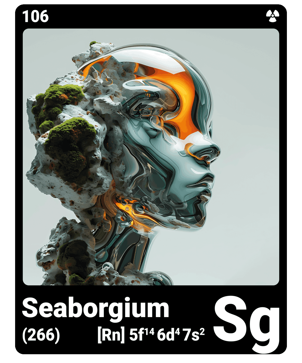 br_AI_king's tweet photo. brAIking This is what it looks like when AI gives the chemical element seaborgium a face - find all ChemicalElements in the bio ScienceArt https://t.co/VzRUWavHuf
