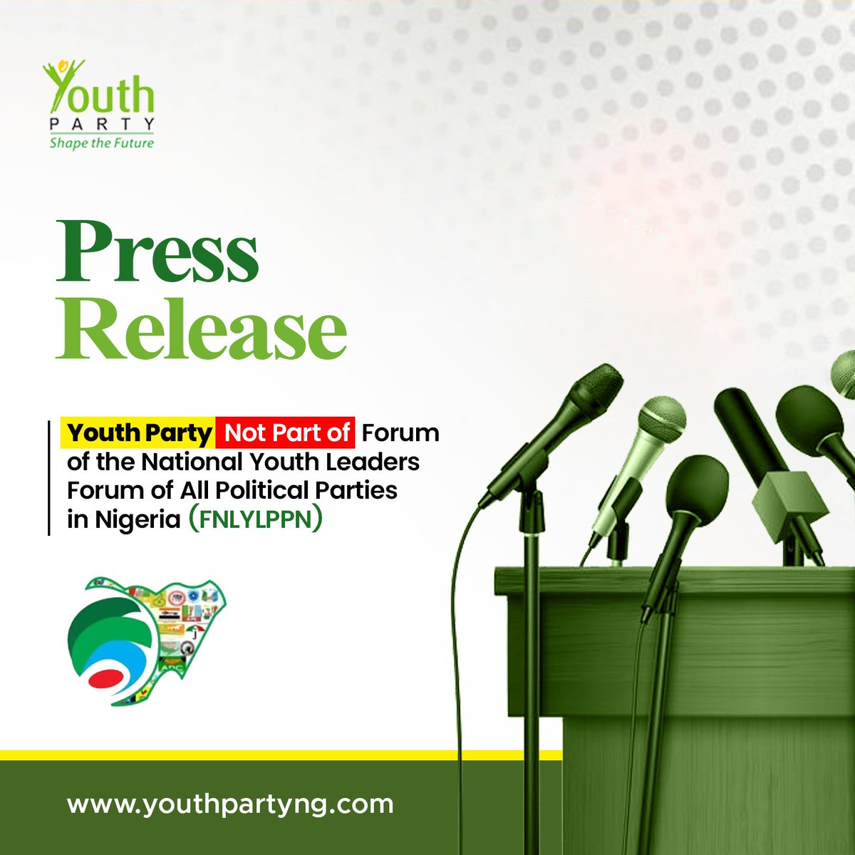 The Youth Party is not affiliated with the Forum of the National Youth Leaders of All Political Parties in Nigeria (FNLYLPPN) and has no intention of joining.

📢 Read more here: bit.ly/3WKNl7u

#YouthPartyNG #NoToImpersonation #PoliticalIntegrity #StayInformed
