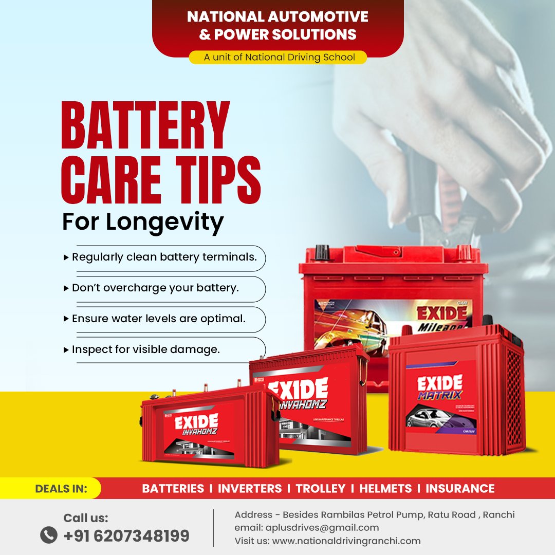 NationalPower24's tweet photo. 🔋 Keep your battery healthy! Clean terminals, avoid overcharging, check water levels, and inspect for damage.
-
📍 Visit: Rambilas Petrol Pump, Ratu Road, Ranchi
📞 Call: +91 6207348199
🌐 Visit our website - https://t.co/Ic9Ic2vnRu
-
#BatteryCare #DriveSmart #Ranchi #Jharkhand https://t.co/8A7E74aJF4