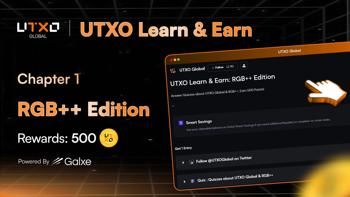 🎓 UTXO Learn &amp; Earn: RGB++ Edition is LIVE!🎁

🗓️Duration: Feb 6 - Feb 13 | 16:00 (UTC+8)

How to Join:
✅ Read about RGB++ and UTXO Global
✅ Answer the quizzes on Galxe
✅ Earn 500 UTXO Points 🎁

🔗 Quest available on <a href="/GalxeQuest/">Galxe Quest</a>: app.galxe.com/quest/nNN5UQTf…

This is just the 1st
