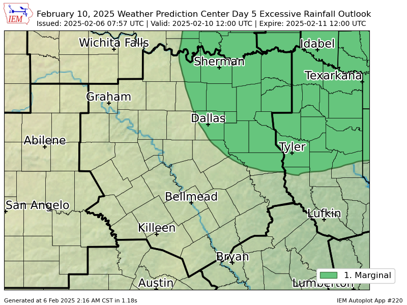 Weatherboy_24's tweet photo. WPC issues Day 5 Marginal Risk Excessive Rainfall Outlook at Feb 6, 7:57z for FWD https://t.co/wMBvTr69FB https://t.co/QeJWQPVRmV