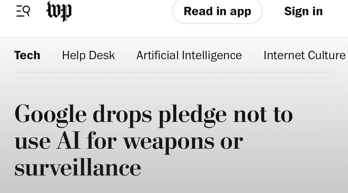 Google 2000: “Don’t be evil”
Google 2018: “At least don’t apply AI in ways likely to cause overall harm”
Google 2025: “F*ck it!”