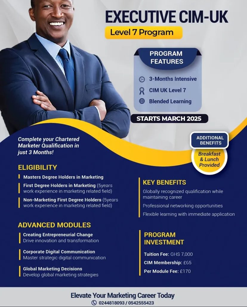 Voice_Of_UPSA's tweet photo. The Institute of Professional Studies (IPS) is inviting applications from qualified candidates to its Executive CIM-UK (Level 7) program.
It's an opportunity to complete your Chartered Marketer Qualification in just three months.
#ips #professionalprograms #marketing https://t.co/UltOWBe8UC
