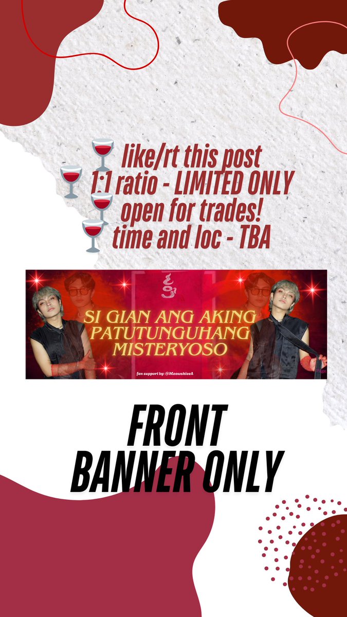 MeowshieeA's tweet photo. ✨SI GIAN ANG AKING PATUTUNGUHANG MISTERYOSO
February 8, 2025 - SATURDAY (DAY 1)

🍷like/rt this post
🍷1:1 ratio - LIMITED ONLY
🍷open for trades!
🍷time and loc - TBA

SEE YOUU JOEWAHS🤩🫶✨
#COJSilakboTheConcert #SilakboCOJ #CupOfJoe https://t.co/Xi6FFO7eNT