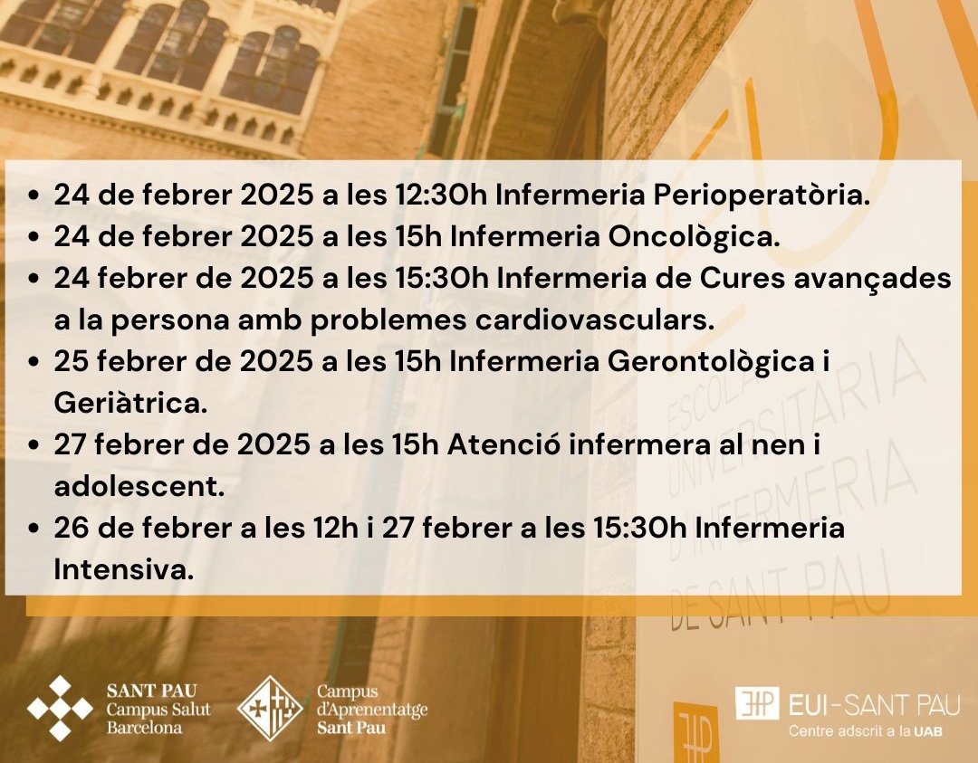 Estàs pensant en fer un #màster en #infermeria?
Participa a les Sessions Informatives de la Fira Virtual de la <a href="/UABBarcelona/">Universitat Autònoma de Barcelona</a> on <a href="/EuiSantPau/">EUI-Sant Pau</a> presentem la nostra oferta.
📍24-28 de febrer.
🖥 Modalitat online.
 Inscripcions obertes a quest enllaç 👇
uab.cat/web/estudis/vi…
#SantPau