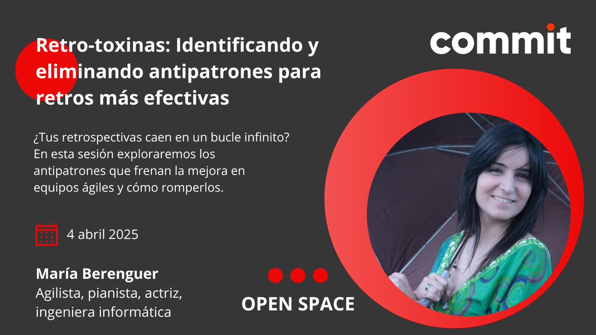 commitconf's tweet photo. ¿Tus retrospectivas caen en un bucle infinito? No eres la única persona. Explora con @merybere en #commitconf los antipatrones que frenan la mejora en equipos ágiles y cómo romperlos. ¡Transforma tus retros en motores de cambio y potencia tu equipo! 🔥 https://t.co/XwYVgAXj40