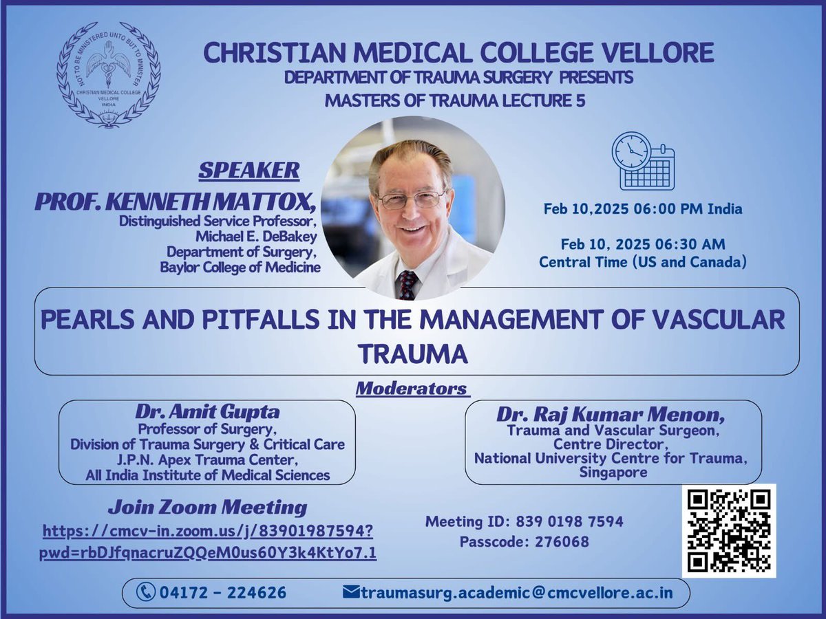 Trauma & Acute care Surgeons India (@trauma_india) on Twitter photo 5th lecture in 'Masters of Trauma' lecture series on Vascular Trauma next week; online lecture (open for all) by doyen of trauma care <a href="/kmattox1/">@Kmattox1</a>.
6 PM IST on Feb 10th.
<a href="/OffCMCVellore/">CMC Vellore (Official)</a>
<a href="/traumaindia/">ISTAC</a>
<a href="/Trauma_Asia/">Asian Collaboration for Trauma</a> <a href="/josesdany/">Joses Dany James</a> 5th lecture in 'Masters of Trauma' lecture series on Vascular Trauma next week; online lecture (open for all) by doyen of trauma care <a href="/kmattox1/">@Kmattox1</a>.
6 PM IST on Feb 10th.
<a href="/OffCMCVellore/">CMC Vellore (Official)</a>
<a href="/traumaindia/">ISTAC</a>
<a href="/Trauma_Asia/">Asian Collaboration for Trauma</a> <a href="/josesdany/">Joses Dany James</a>