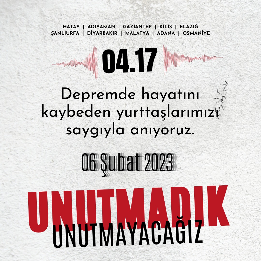 Unutmadık, Unutmayacağız
Biz birlikte ayağa kalktık!Dayanışmayla, umutla, sevgiyle yaralarımızı sarmaya devam ediyoruz.
Bugün,hayatını kaybedenleri saygı ve rahmetle anıyor, geride kalanlara güç, dayanıklılık ve umut diliyoruz. El ele,hep birlikte iyileşeceğiz
#6subat2023 #Deprem