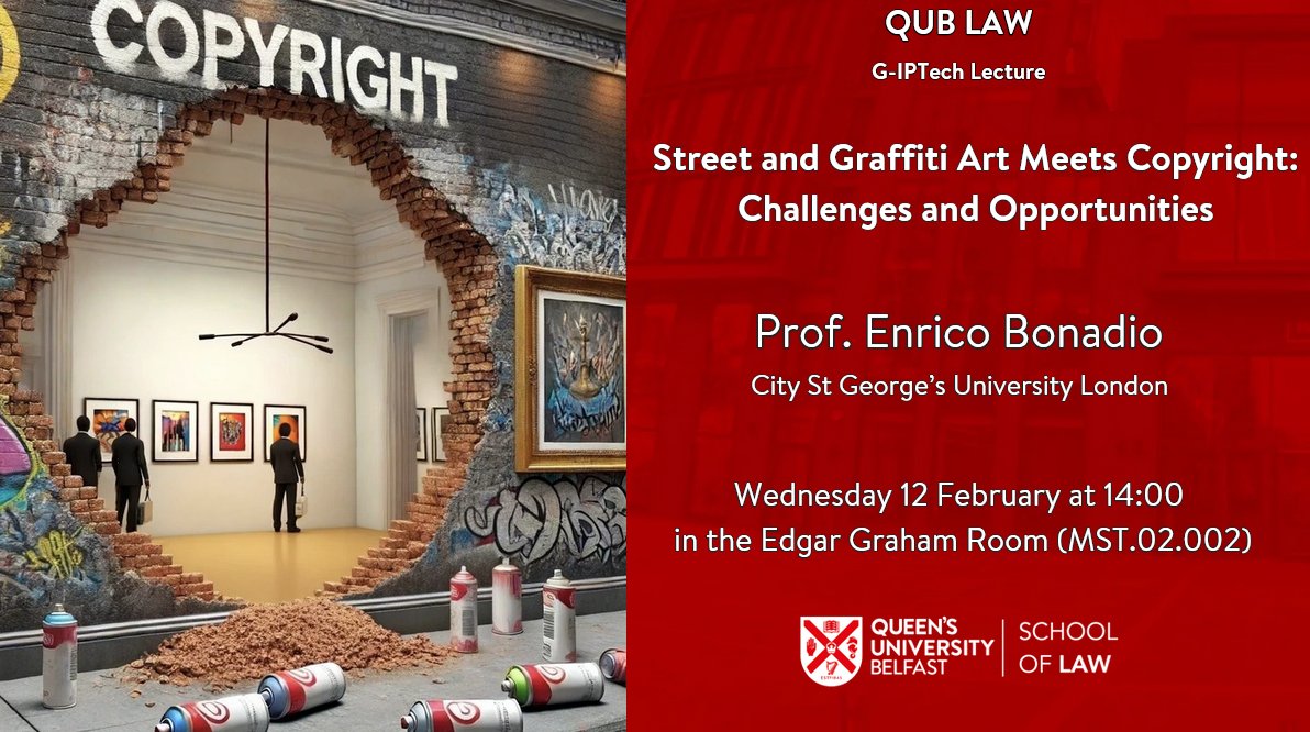 Giancarlo Frosio (@gcfrosio) on Twitter photo 📢 Join us for the next <a href="/GIPTechCentre/">G-IPTech Centre</a> Lecture at
<a href="/qubschooloflaw/">QUB School of Law</a> 'Street and Graffiti Art Meets Copyright' with <a href="/enricobonadio/">enricobonadio</a> (<a href="/CityUniLondon/">Anna</a>) on 12 February. Register here: eventbrite.co.uk/e/g-iptech-lec… 📢 Join us for the next <a href="/GIPTechCentre/">G-IPTech Centre</a> Lecture at
<a href="/qubschooloflaw/">QUB School of Law</a> 'Street and Graffiti Art Meets Copyright' with <a href="/enricobonadio/">enricobonadio</a> (<a href="/CityUniLondon/">Anna</a>) on 12 February. Register here: eventbrite.co.uk/e/g-iptech-lec…
