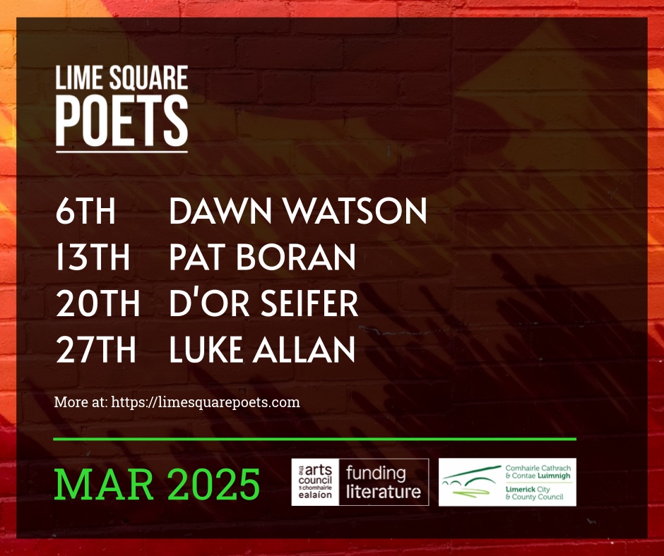 March is on fire🔥here at Lime Square Poets — help us fan the flames every Thursday, online, from 7:45pm. All our events are free 💚   

More @ limesquarepoets.com/events

<a href="/yopopodawn/">Dawn Watson</a> <a href="/patboran_poet/">Pat Boran</a> <a href="/dorseifer/">D'or Seifer</a> 
<a href="/artscouncil_ie/">The Arts Council / An Chomhairle Ealaíon</a> <a href="/LimerickArts/">Limerick : Culture : Arts</a> #ArtsCouncilSupported
