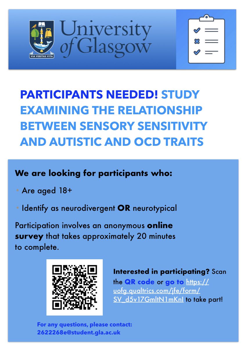 Alice Edwards (@alice_edwardsx) on Twitter photo PARTICIPANTS NEEDED!! 
We are looking for participants for my dissertation project observing the relationship between sensory sensitivity, autistic traits and OCD traits. 
We are looking for participants who: 
- Are aged 18+
- Identify as neurodivergent OR neurotypical PARTICIPANTS NEEDED!! 
We are looking for participants for my dissertation project observing the relationship between sensory sensitivity, autistic traits and OCD traits. 
We are looking for participants who: 
- Are aged 18+
- Identify as neurodivergent OR neurotypical